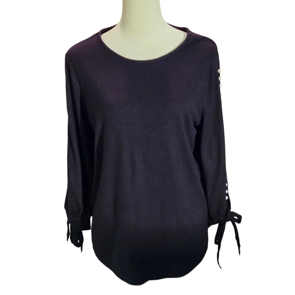 My Danielle Elegant Black Top with Pearl Accents Tie Sleeves Women size L - Picture 2 of 13